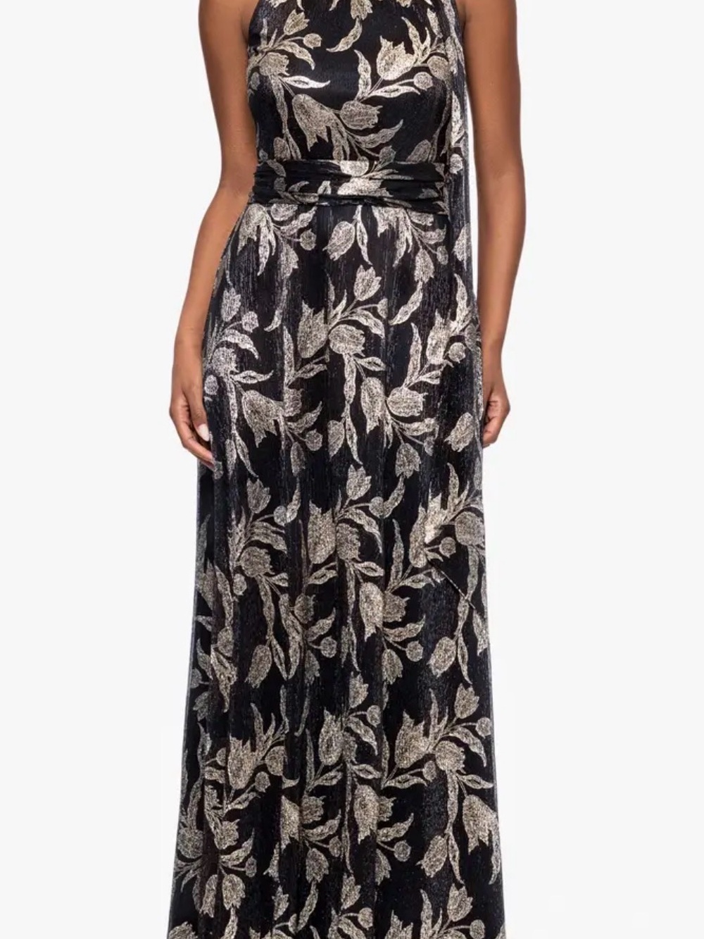 Betsy & Adam Metallic Floral sheath gown in black and gold